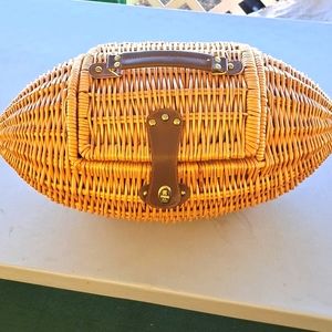 VINTAGE LINEN FOOTBALL SHAPED WICKER PICNIC BASKET